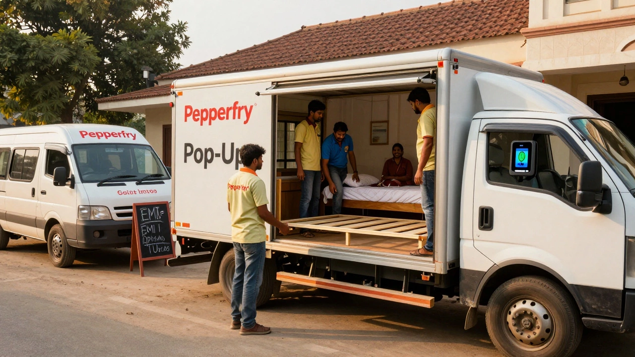 Pepperfry delivery team assembling a bed in a Tier-2 home, with a pop-up van outside.