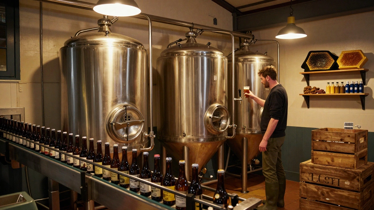 Small brewery with fermenters and bottling line, brewer sampling honey-infused ale