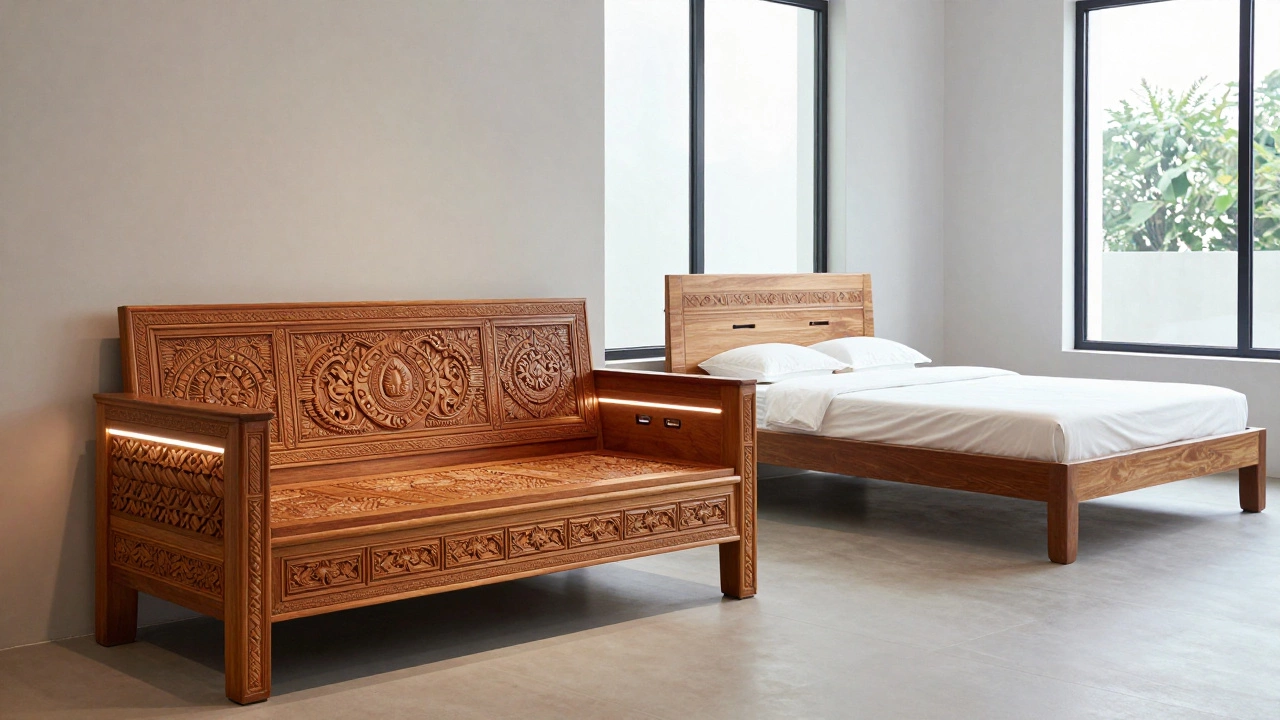 Smart Indian sofa with embedded charging ports and ambient lighting in a modern showroom.