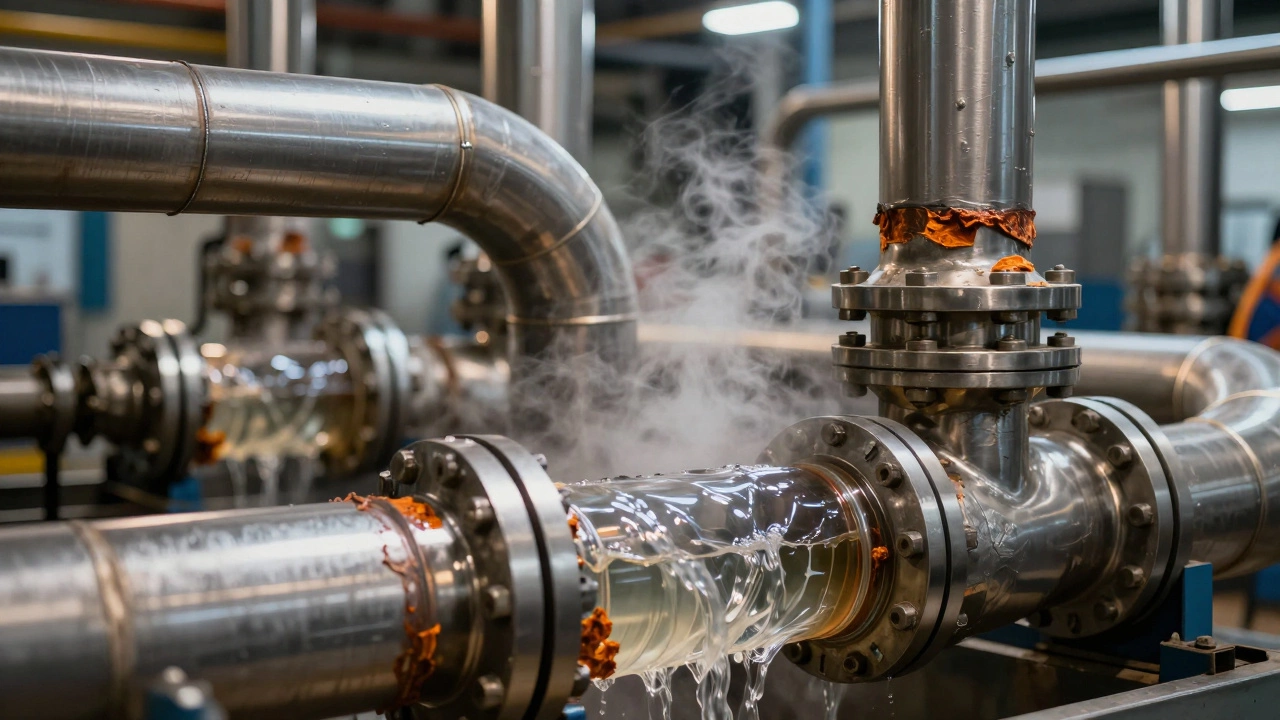 Steam rising from stainless steel heat exchanger pipes in factory