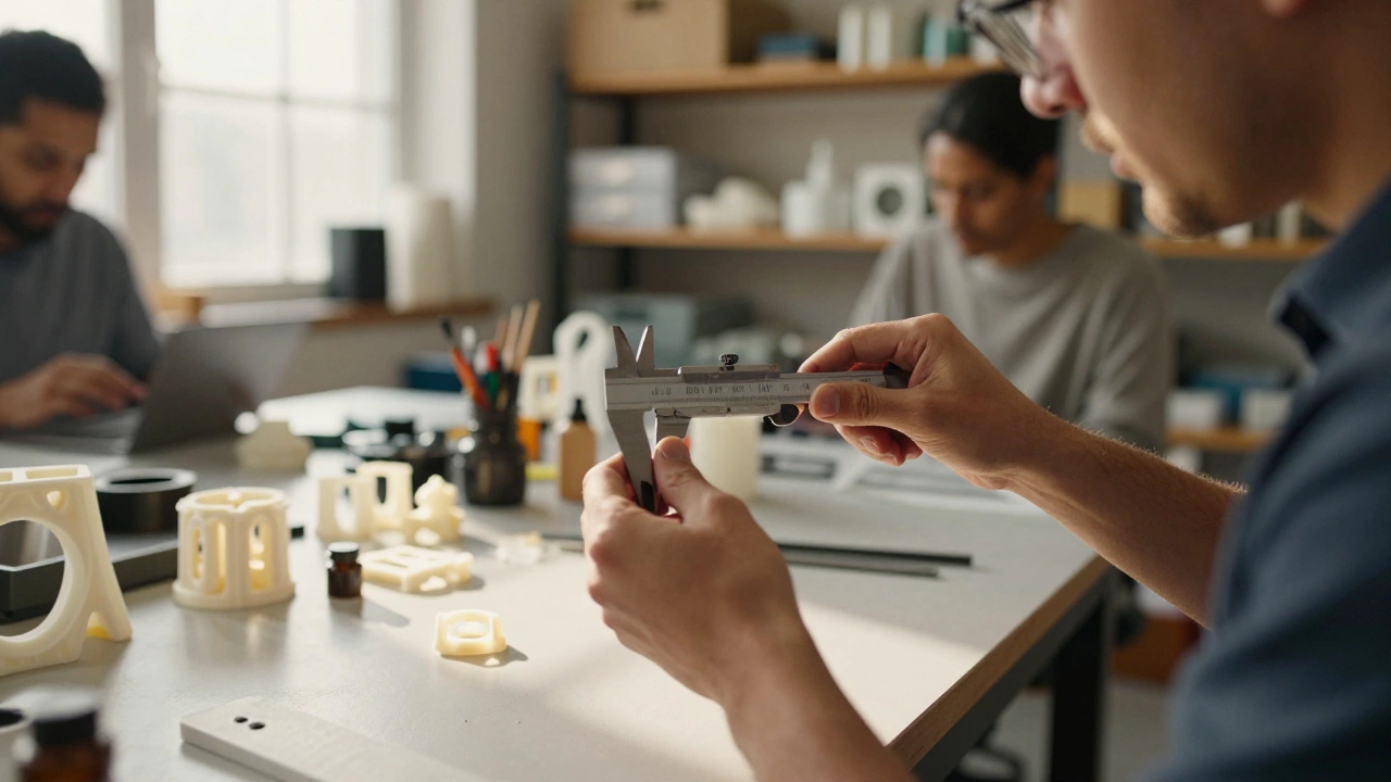 Technician inspecting a 3D printed prototype in a workshop.