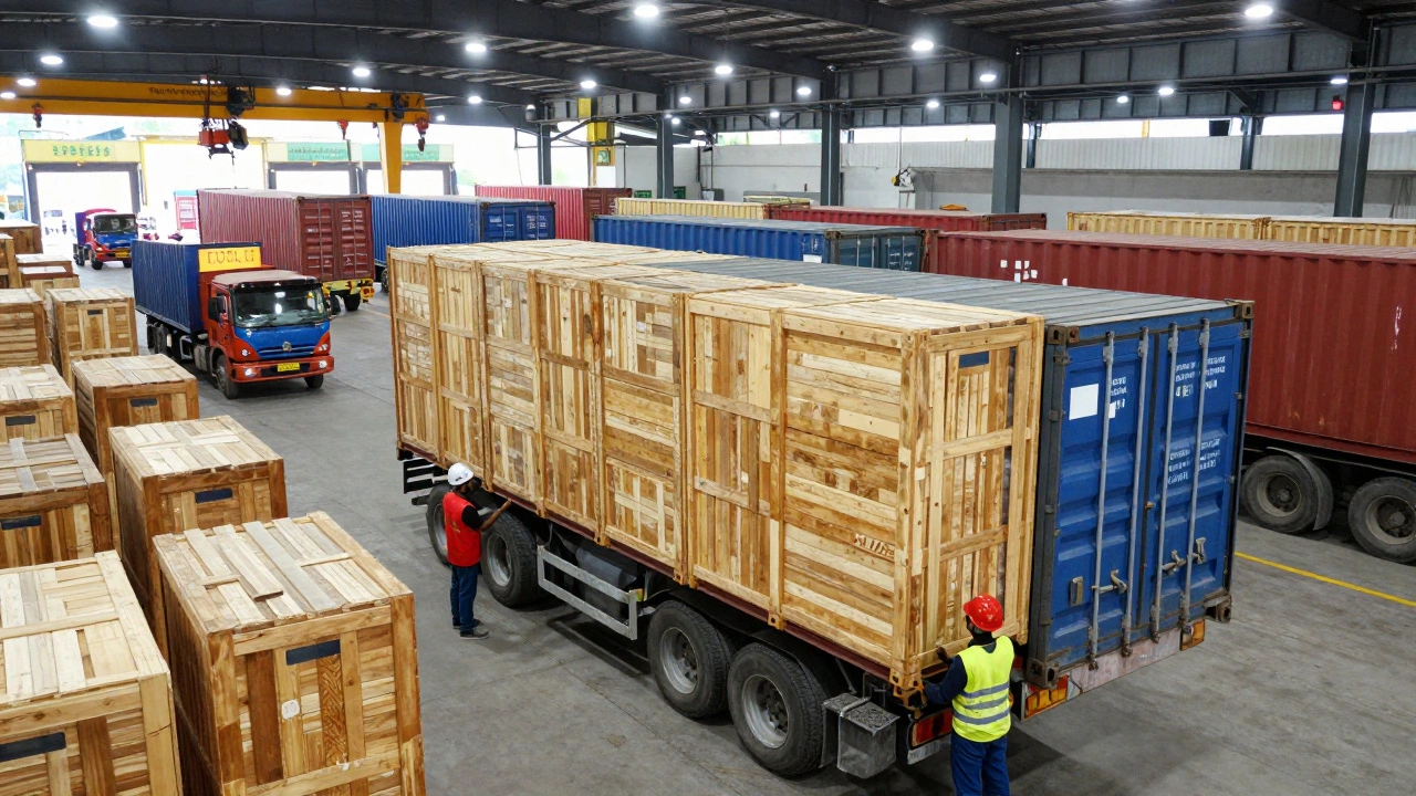 Workers loading Indian furniture crates onto shipping containers at a logistics hub.