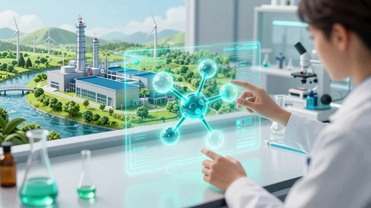 A futuristic lab with a holographic molecule and a sustainable green chemical factory in the background.
