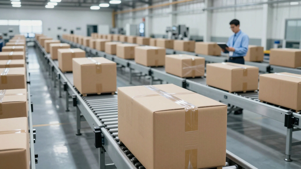 A quality control inspector checking packaged products on a modern factory production line.
