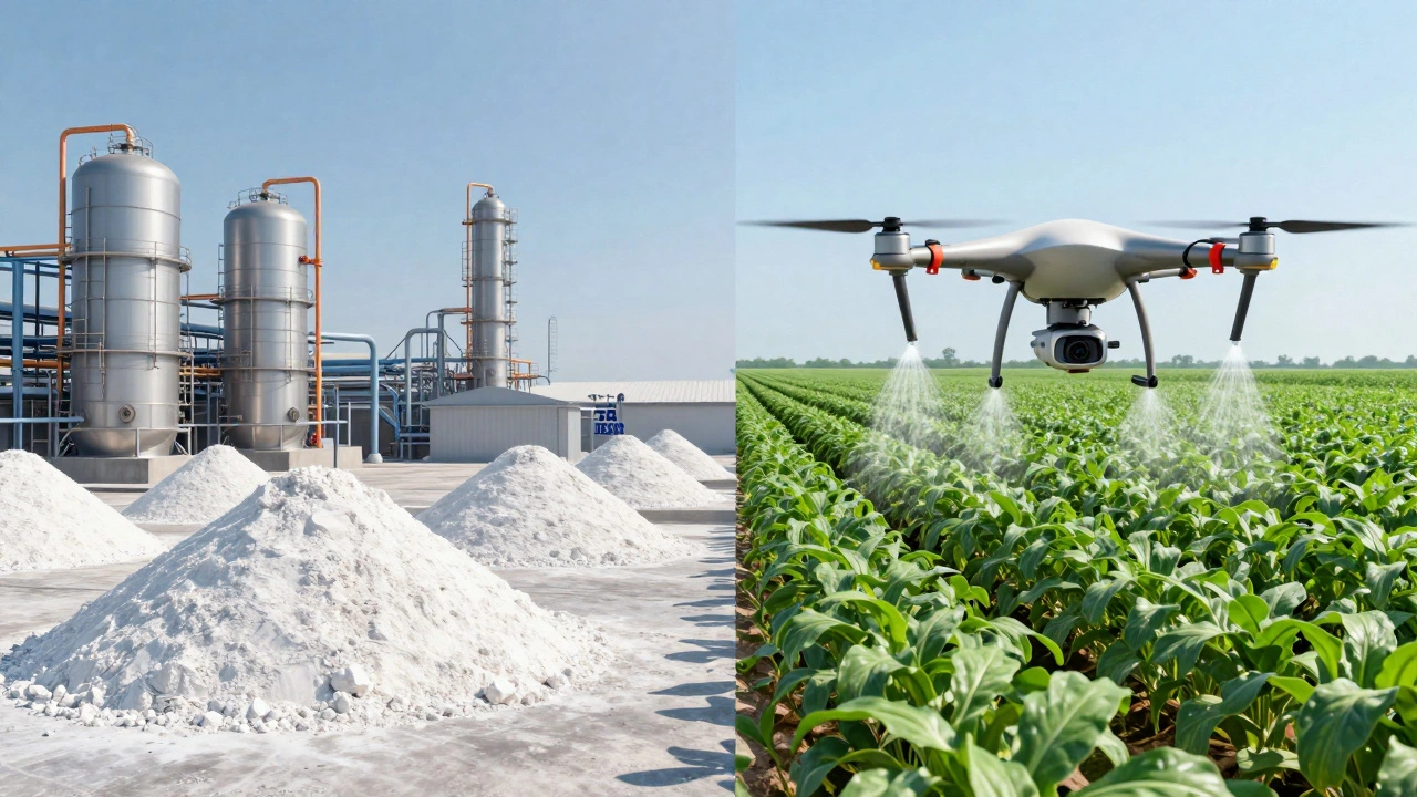 A split screen showing industrial soda ash production on one side and high-tech crop spraying on the other.