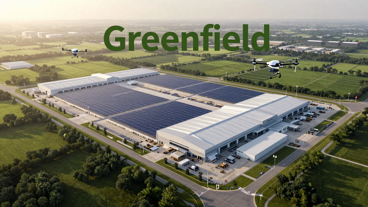 Aerial view of a modern gigafactory construction site in the American Southeast.