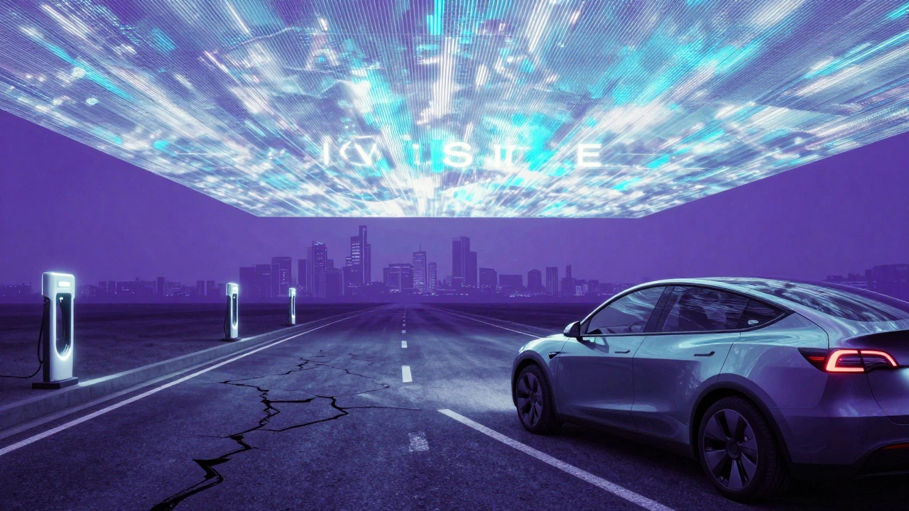 An electric car on a highway beneath a symbolic glass ceiling with sparse charging stations.