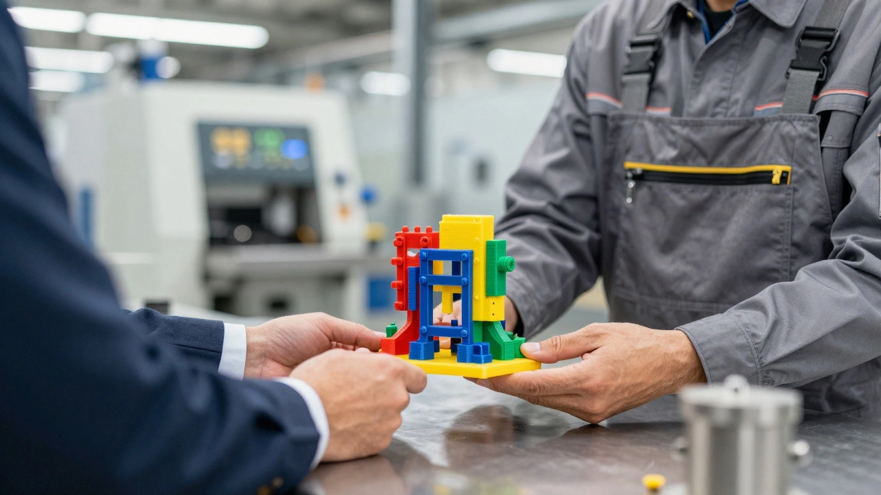 An inventor and a factory manager examining a 3D-printed product prototype on an industrial table.