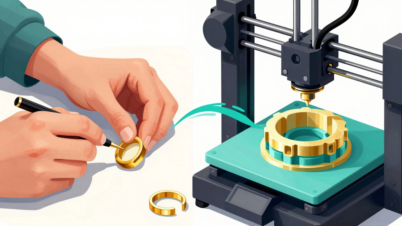 Artistic comparison between traditional hand-carving and modern 3D printing for jewelry.