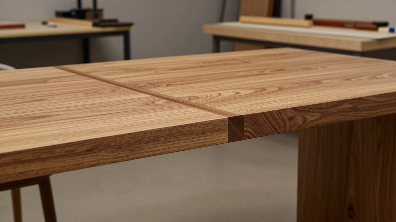 Close-up of a premium handcrafted oak table in a small professional workshop.