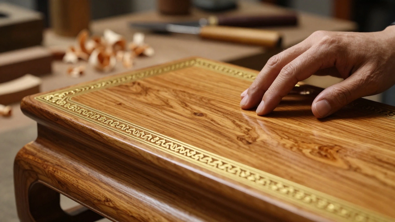 Close-up of Burmese Teak wood with intricate brass inlay and a hand finish