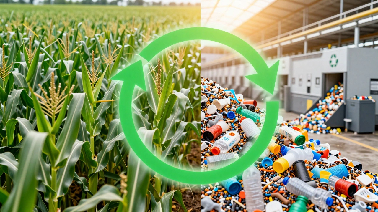 Conceptual illustration of the circular economy with bioplastics and plastic recycling