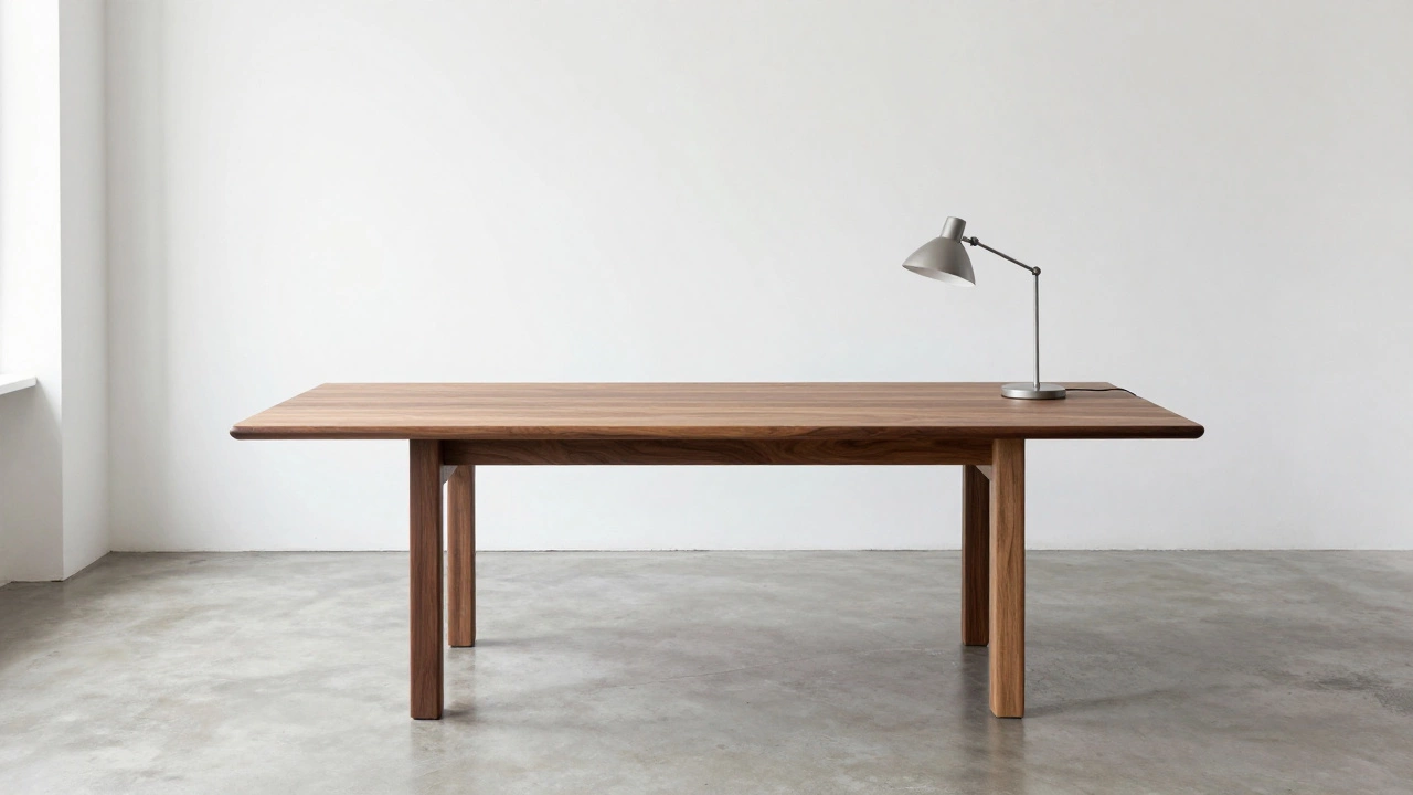 Minimalist room featuring a luxury Rosewood dining table and industrial lamp
