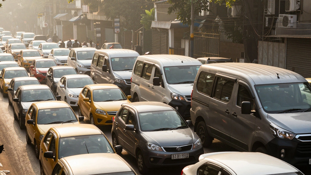 Modern compact SUVs dominating a crowded city street, overshadowing smaller old hatchbacks.