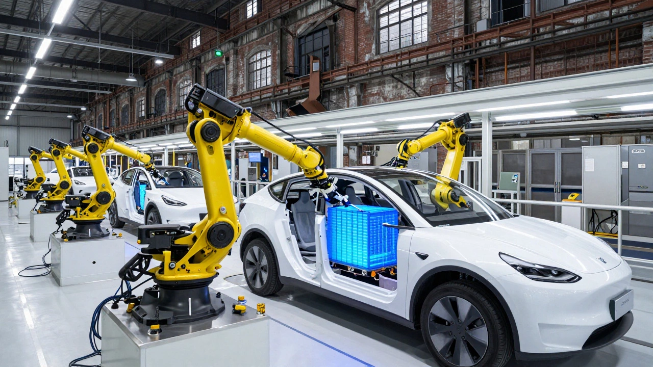 Robotic arms installing an EV battery in a modern Michigan automotive factory.