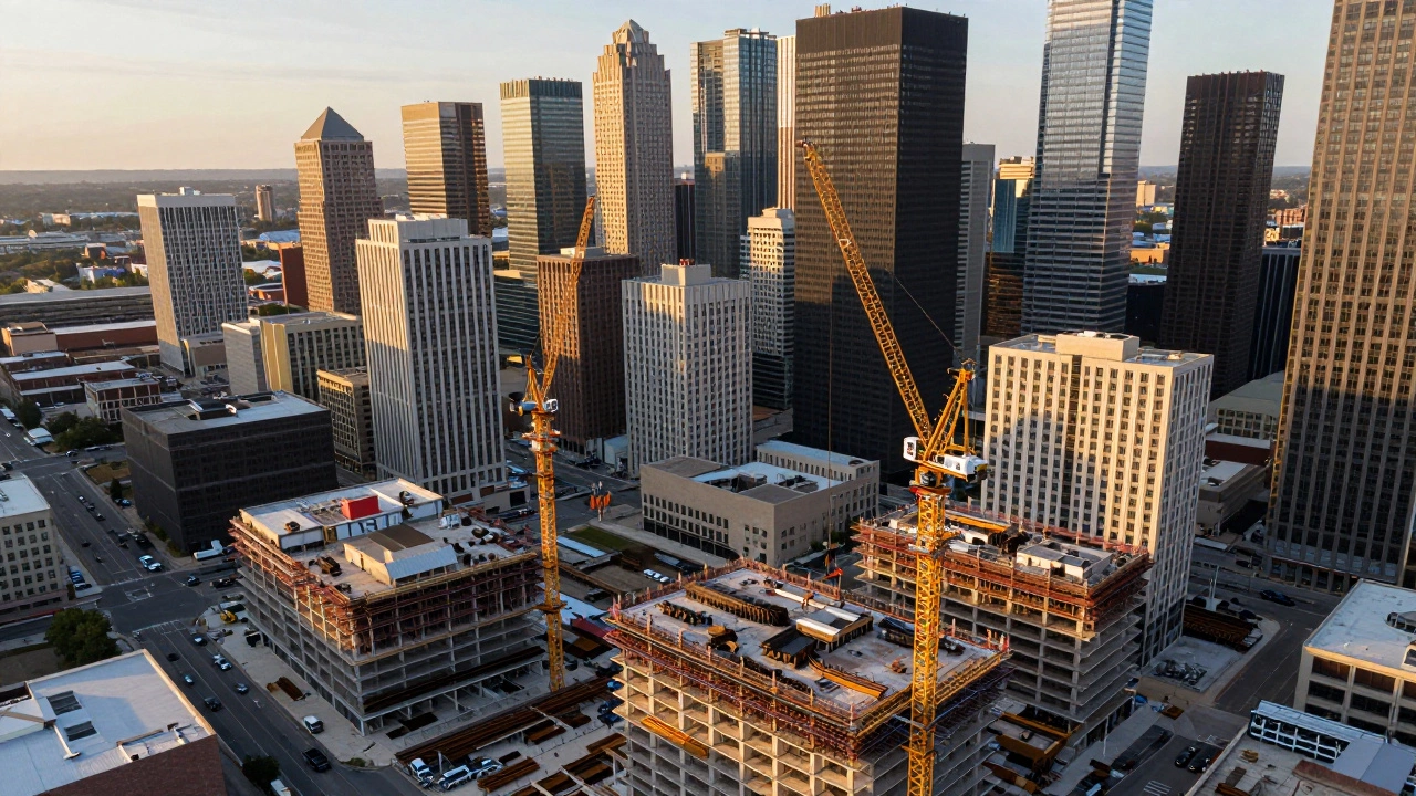 City skyline under construction with cranes lifting steel girders