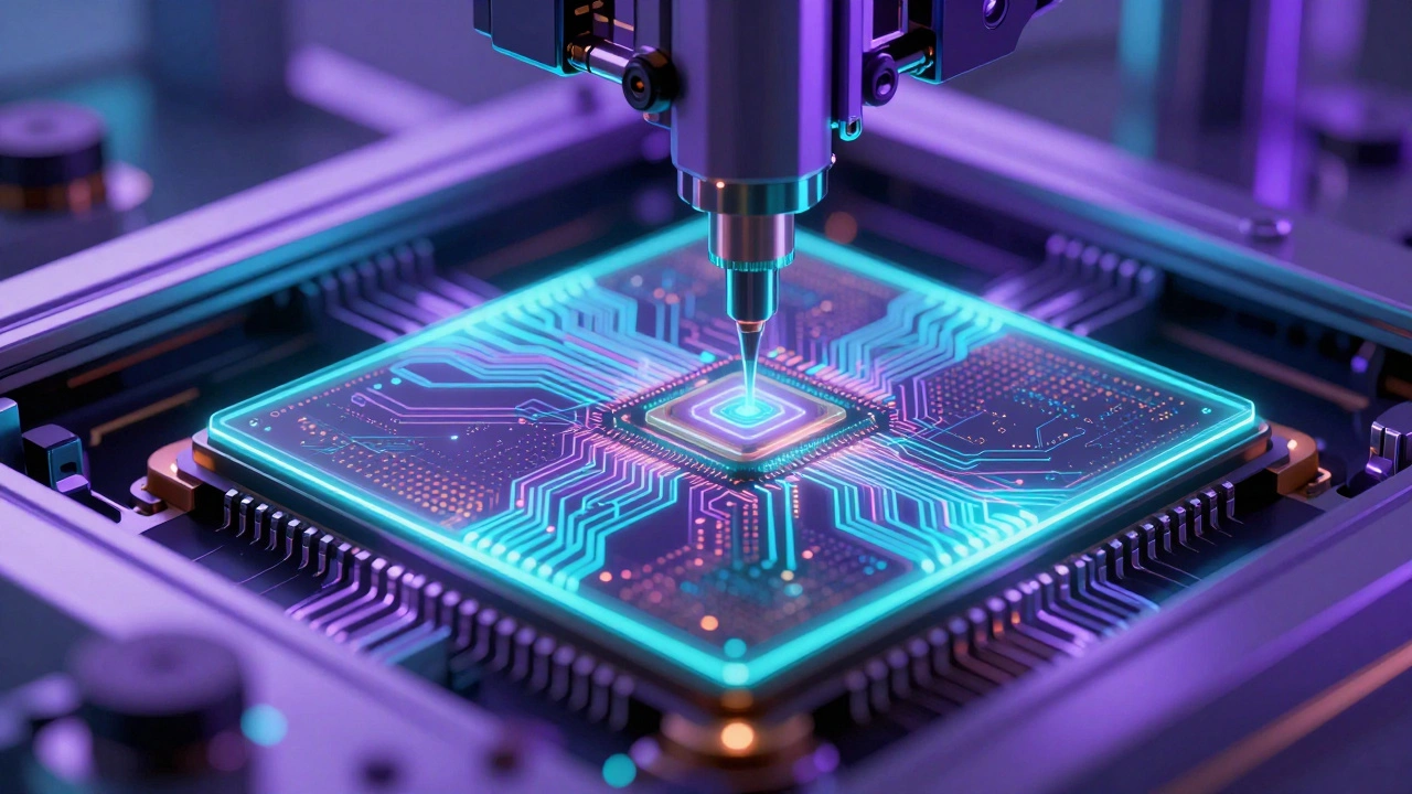 Close-up of semiconductor wafer processing in cleanroom
