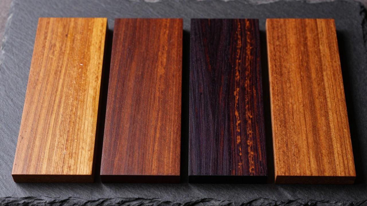 Close-up of Teak, Sal, Rosewood, and Sheesham wood samples showing grain