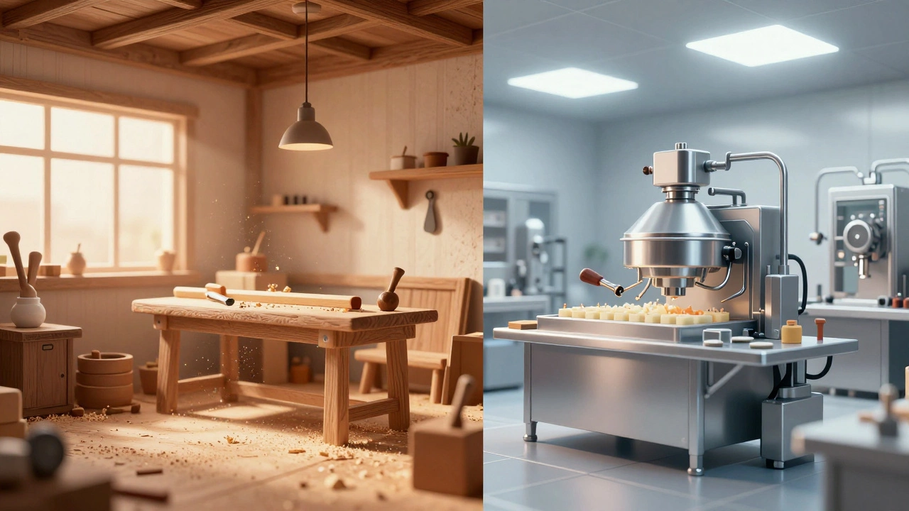 Contrast between low-tech woodshop and high-tech food processing facility