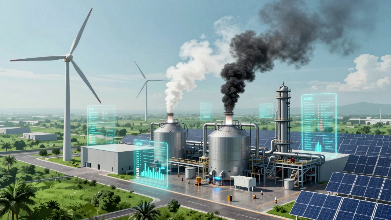 Futuristic green steel factory with wind turbines and clean energy tech