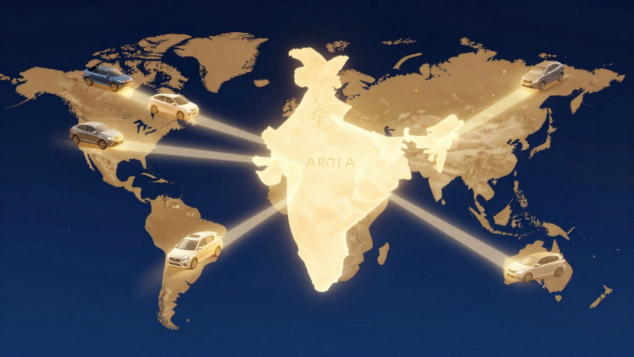 Glowing map of India exporting cars to global markets via light beams