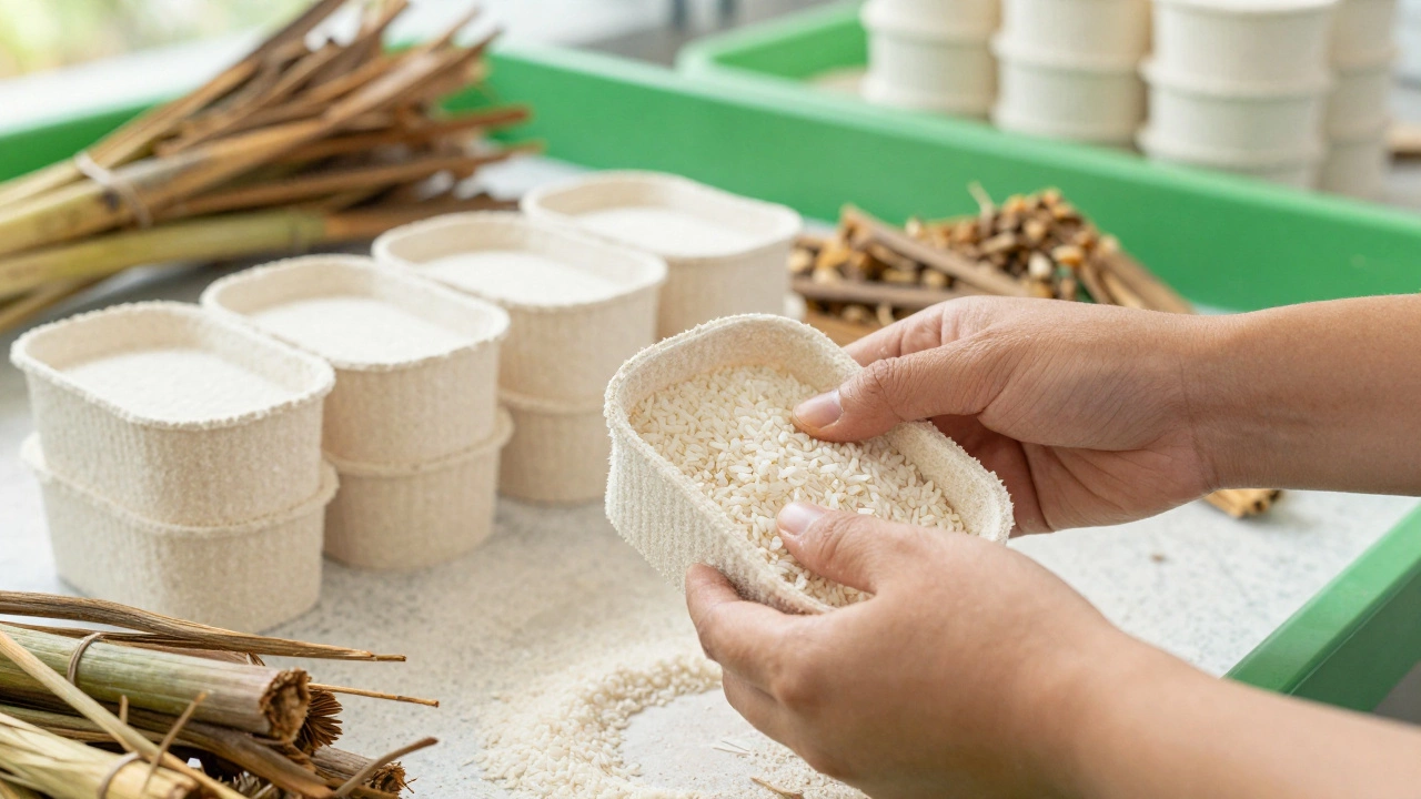 Hands molding biodegradable packaging from agricultural waste pulp