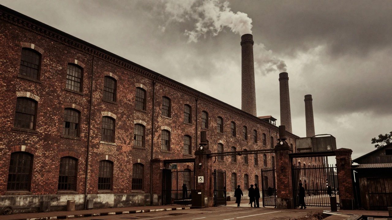 Historic textile mill in 19th century Bombay with workers and steam