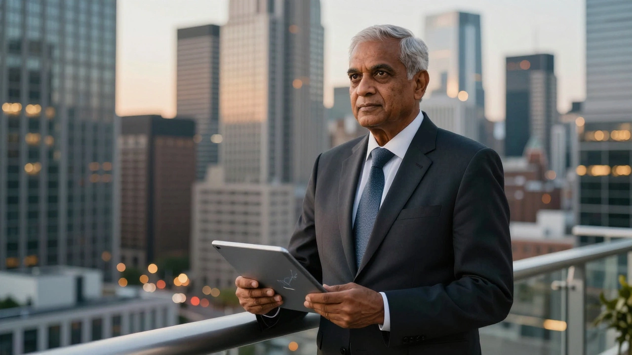 Indian billionaire executive overlooking a city skyline of steel skyscrapers