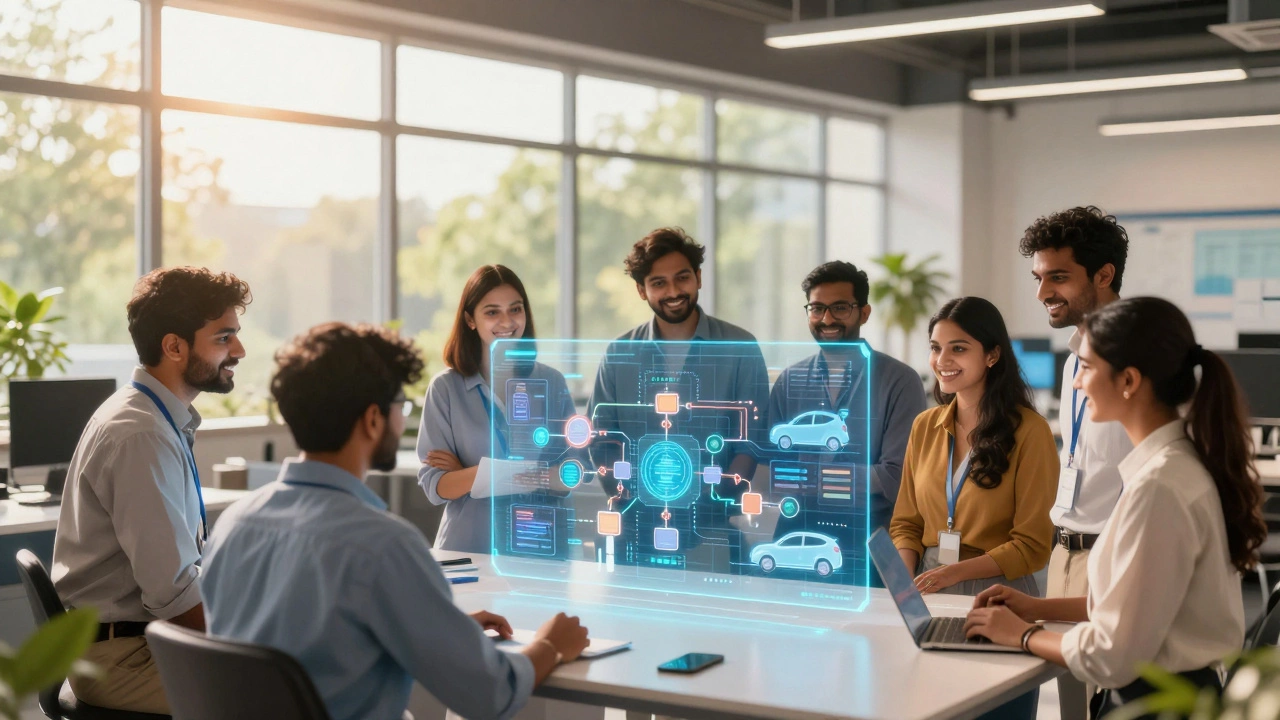Indian engineers collaborating on tech design in office