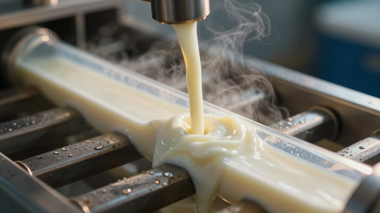 Milk flowing through a heat exchanger with steam rising during pasteurization.