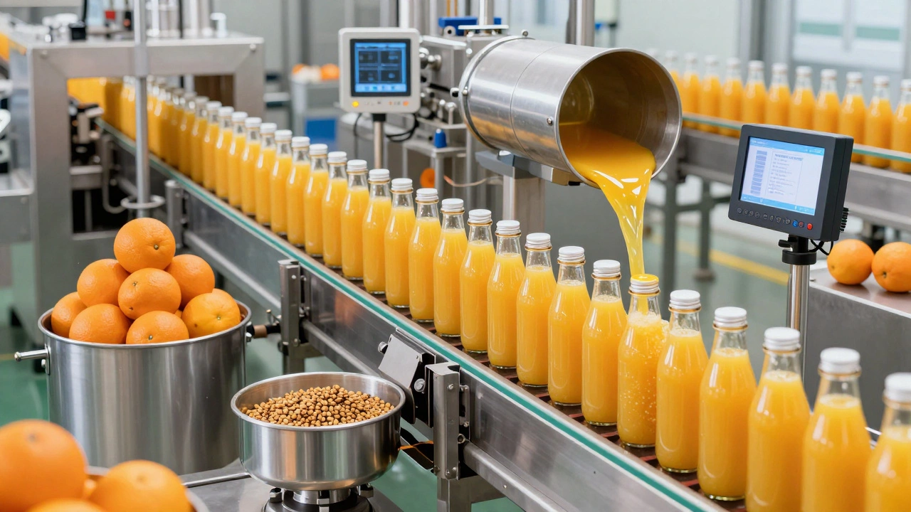 Orange juice production steps from pulping to bottling in a modern plant.