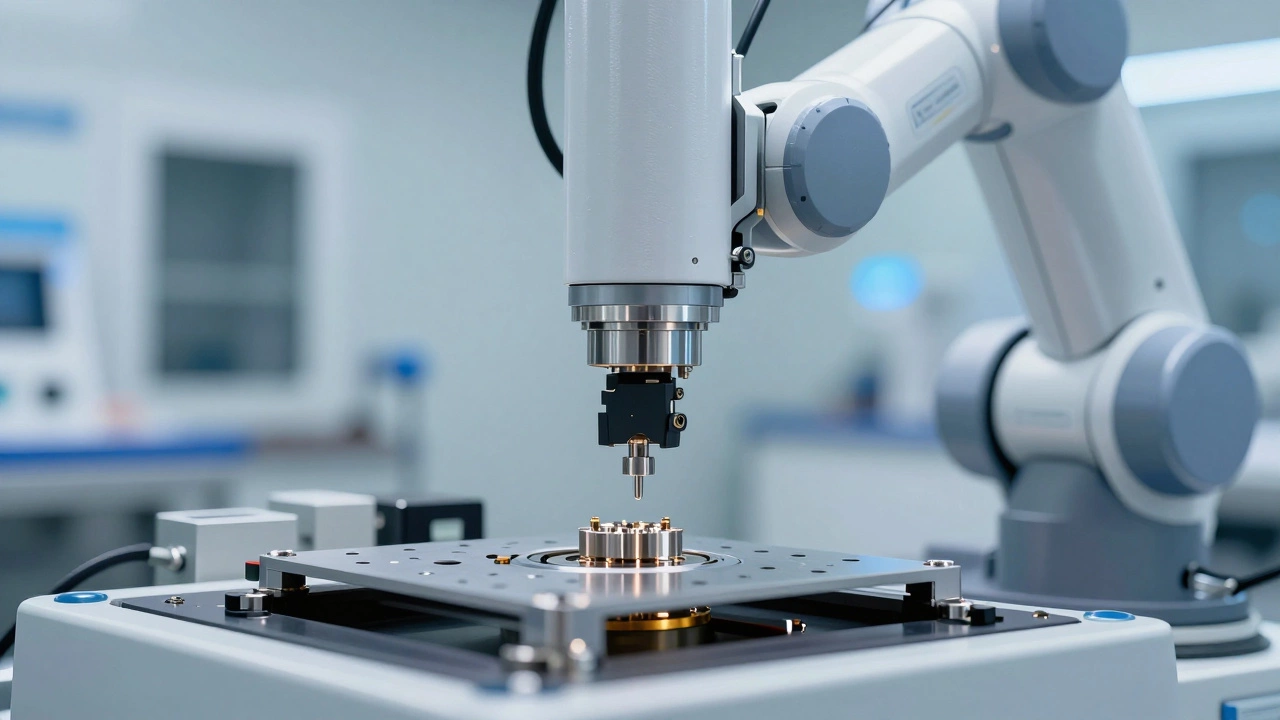 Robotic arm assembling precision medical components in a clean room
