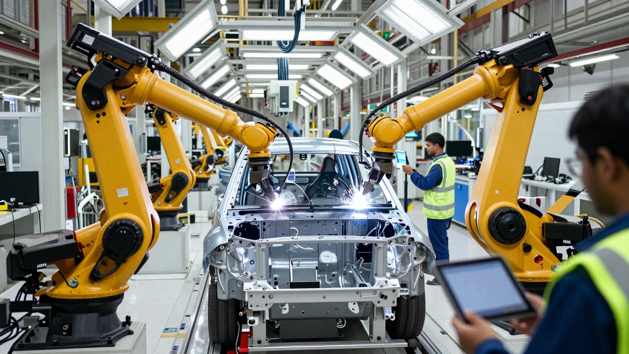Robotic arms assembling electric vehicles in a high-tech Indian auto factory
