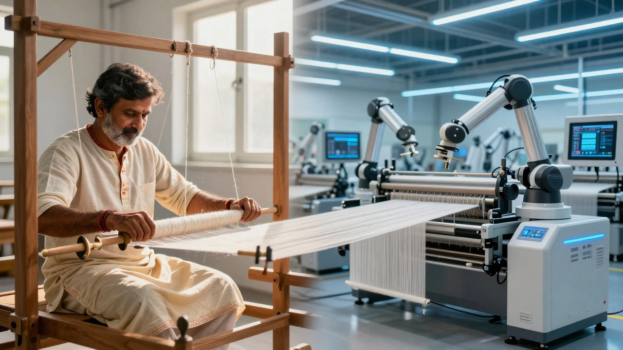 Split view of hand-spinning Khadi and modern automated textile factory