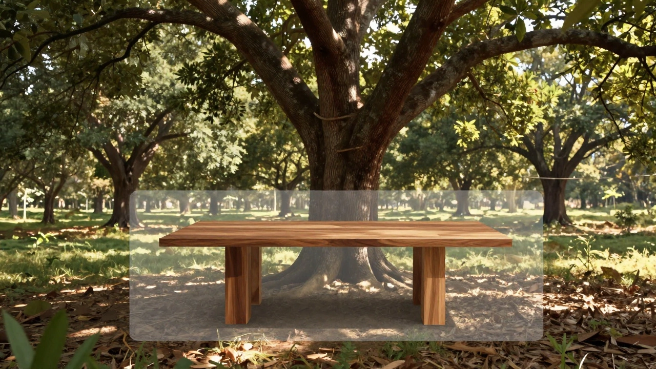 Teak tree in plantation with overlay of finished wooden dining table