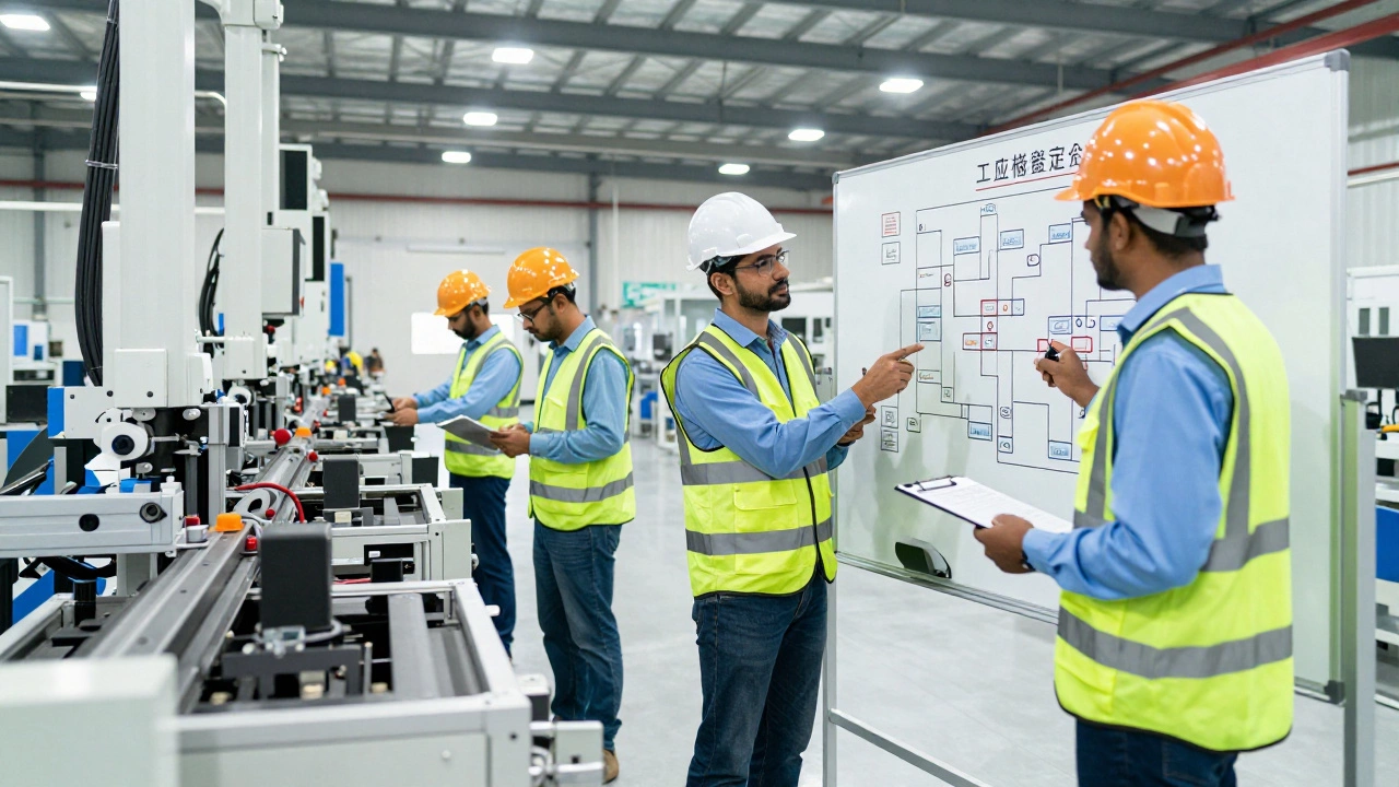 Workers implementing lean manufacturing and quality checks