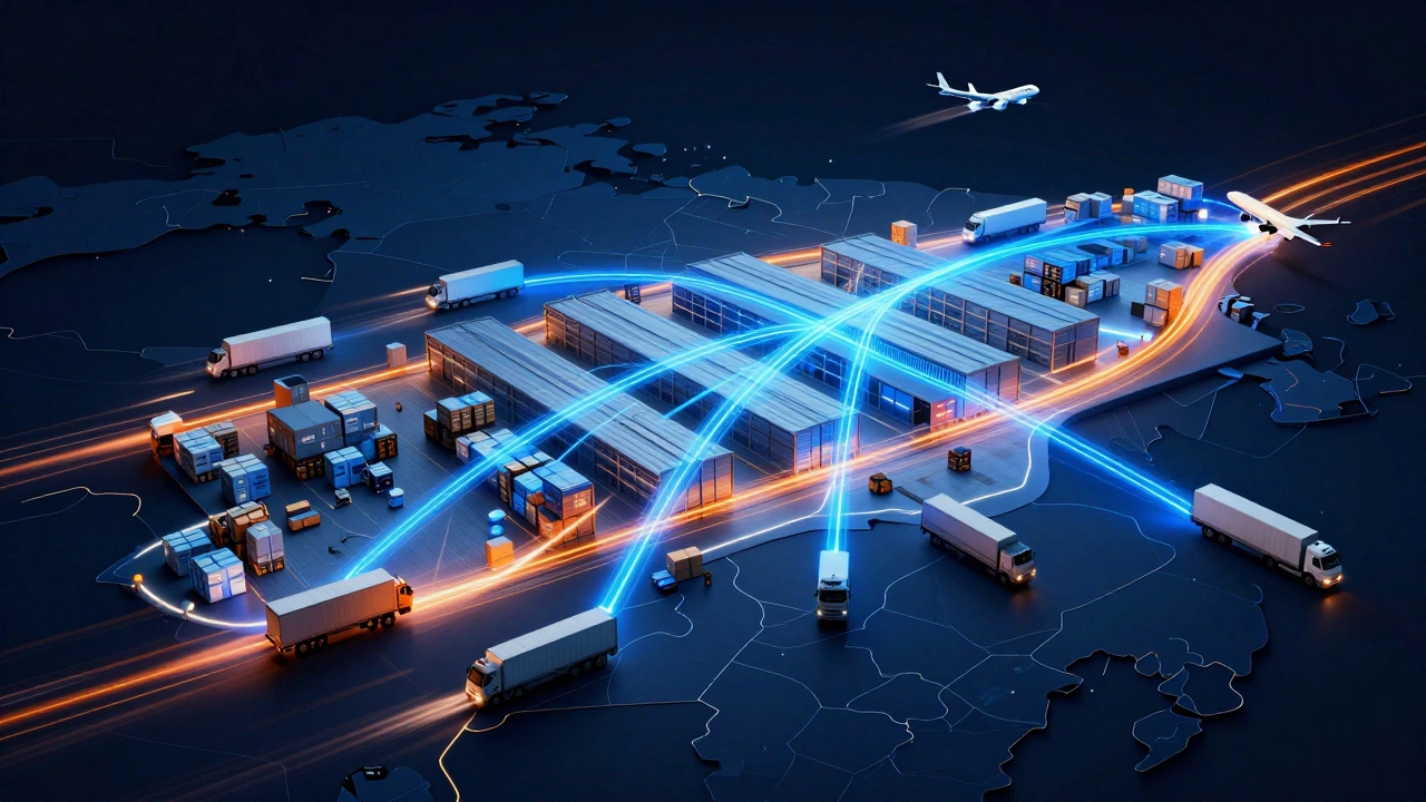 Conceptual art showing glowing logistics networks and moving trucks