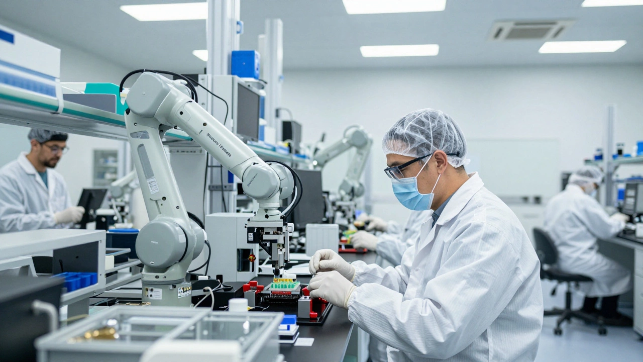 Engineers working with precision robotics in a high-tech lab