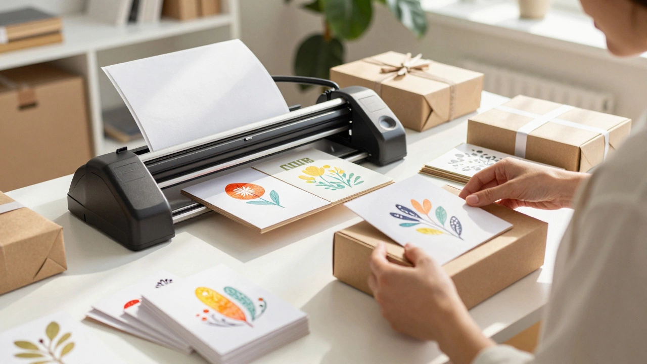 Entrepreneur packing custom cards and gifts at a home desk