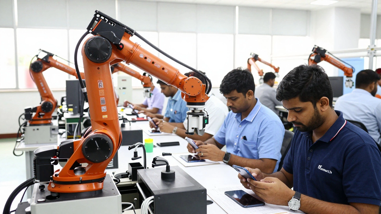 Indian technicians assembling electronics in a modern, high-tech factory setting