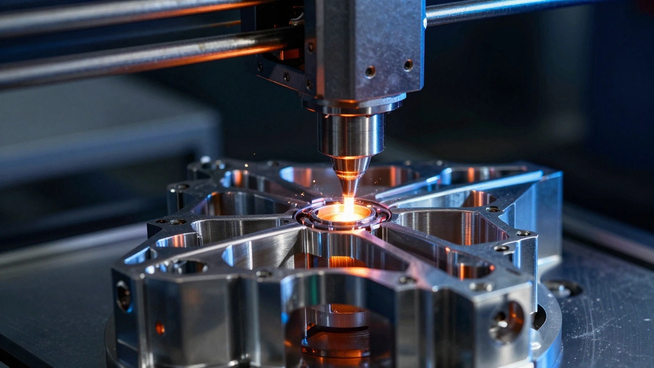 Industrial 3D printer building a metal aerospace part with laser