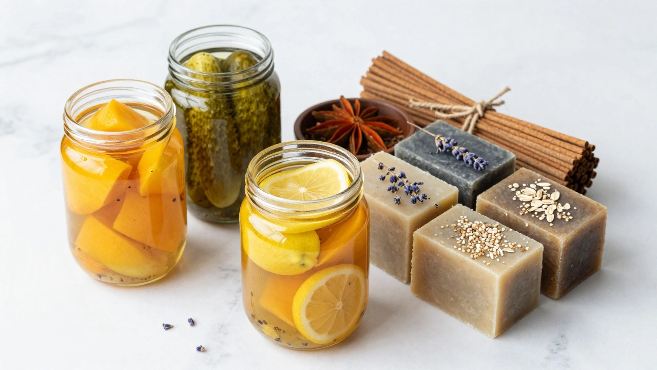 Jars of pickle, natural soap bars, and incense sticks on marble