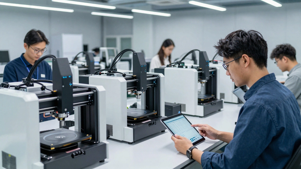 Modern micro-factory with 3D printers and tech-savvy workers