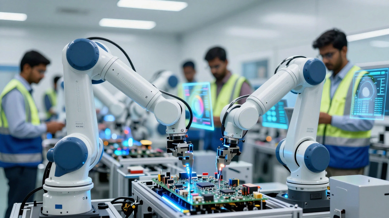 Robotic arms assembling electronics with engineers monitoring data screens