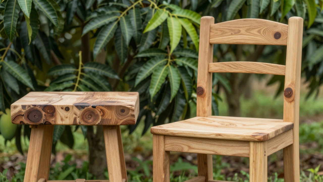 Rustic mango wood furniture displayed with green orchard leaves