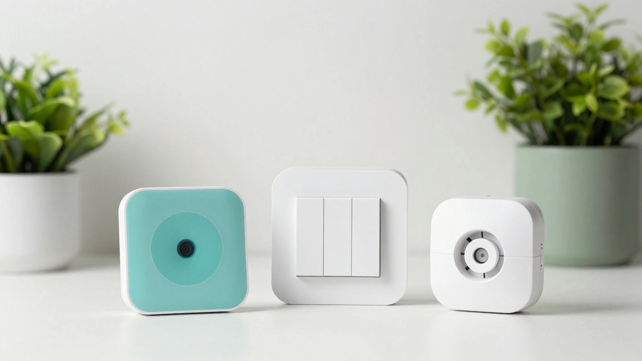 Smart home IoT devices like sensors and switches on white table