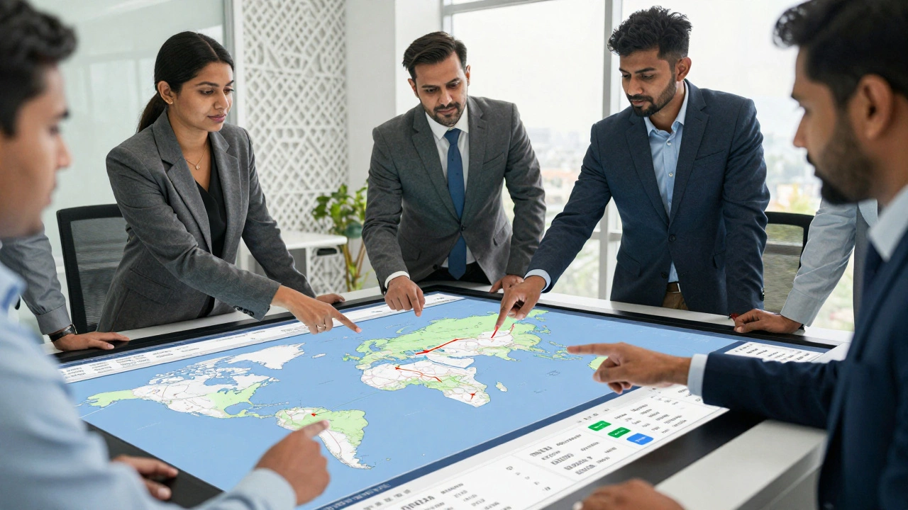 Supply chain team analyzing logistics data in a modern office