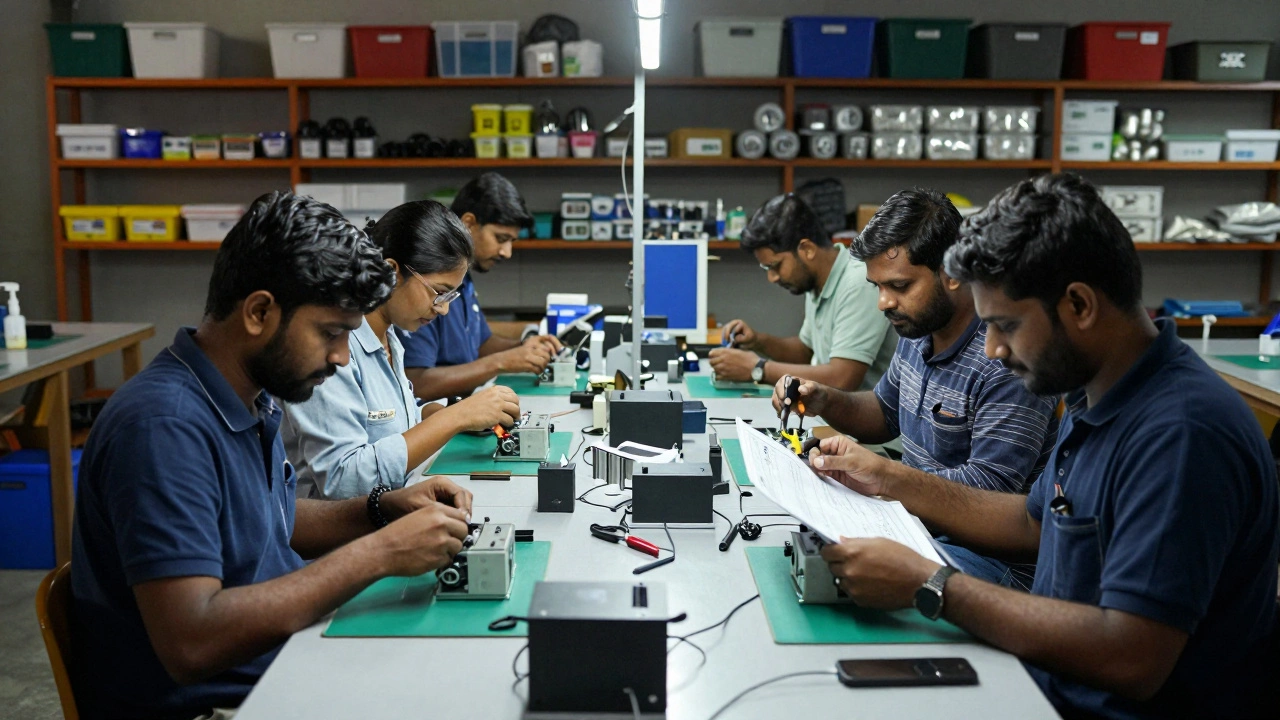 Team assembling customized products at a workbench in a small factory