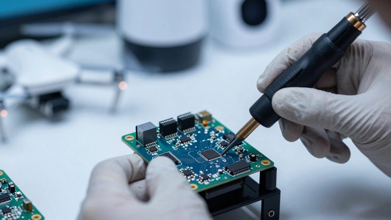 Close-up of hands assembling electronic circuits on a PCB board