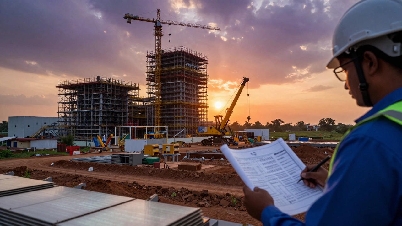 Construction of a semiconductor plant in India at sunset.